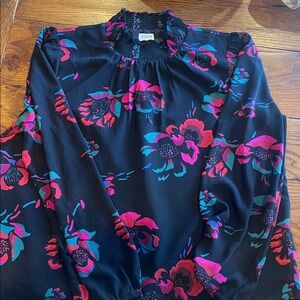 J. Crew Black Blouse with Pink and Teal Floral Accents